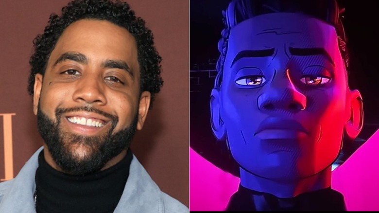 Jharrel Jerome smiles at the ELLE/Actor Awards Actors Rising event in 2026 and Miles G. Morales stares menacingly while bathed in colored lights