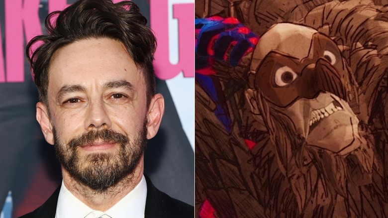 Jorma Taccone poses against the 2025 Naked Gun one-sheet and the masked Vulture grimaces