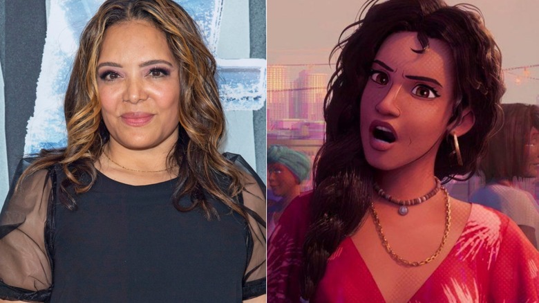 Lauren Velez wears a black dress to the Dexter: New Blood premiere in 2021 and Rio Morales tilts her head as she speaks
