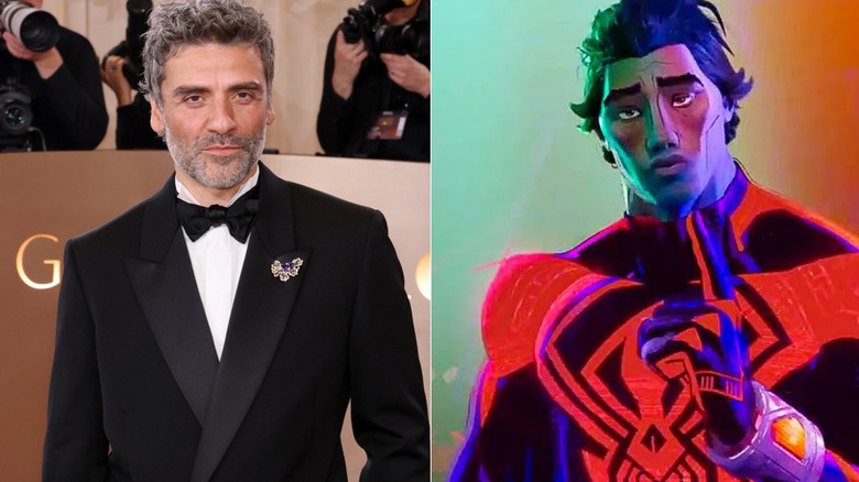 Oscar Isaac wears a tux to the 2026 Golden Globes and Miguel O'Hara raises a finger while speaking