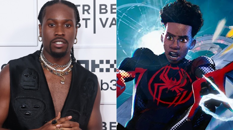 Shameik Moore poses at the 2025 Tribeca Festivalat BMCC Theater; Miles Morales fires his webs