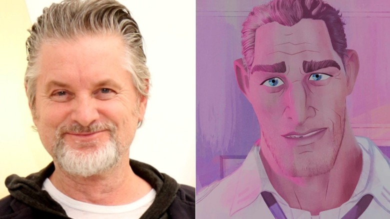 A bearded Shea Whigham smiles against a white and yellow background and George Stacy gives a slight smile