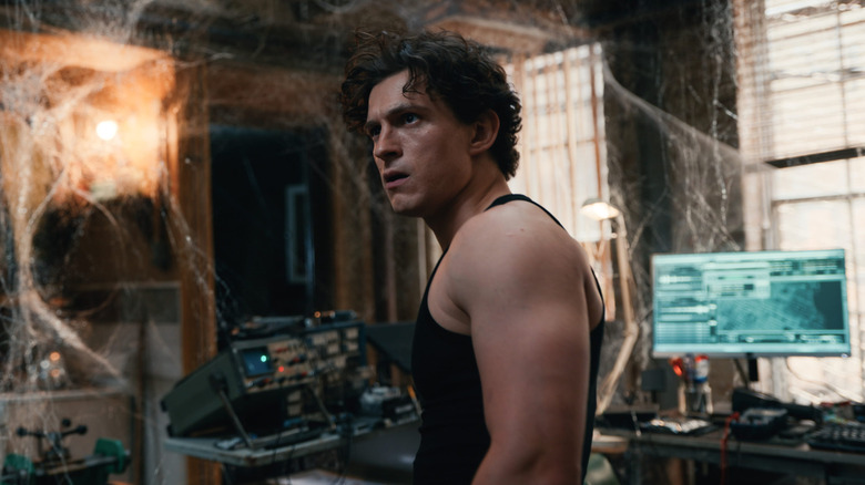 A confused Peter Parker in a room full of webbing in Spider-Man: Brand New Day
