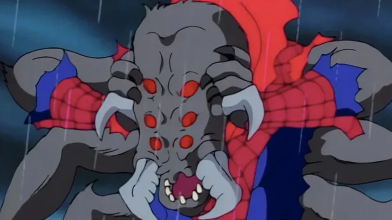 Man-Spider clutching his head in "Spider-Man: The Animated Series"