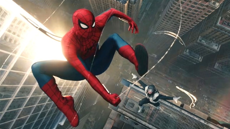 Spider-Man swinging on a web in the trailer for Brand New Day