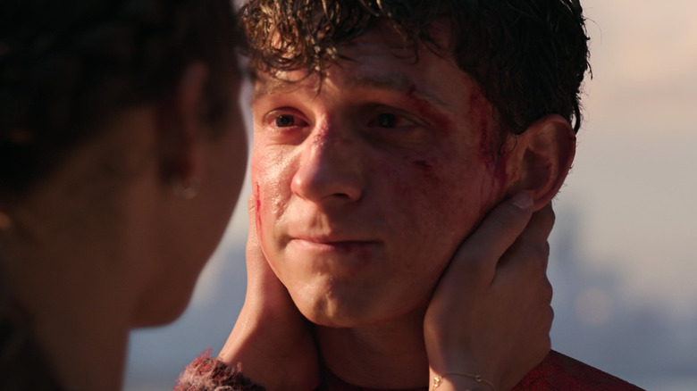 MJ holding Peter Parker's face in Spider-Man: No Way Home