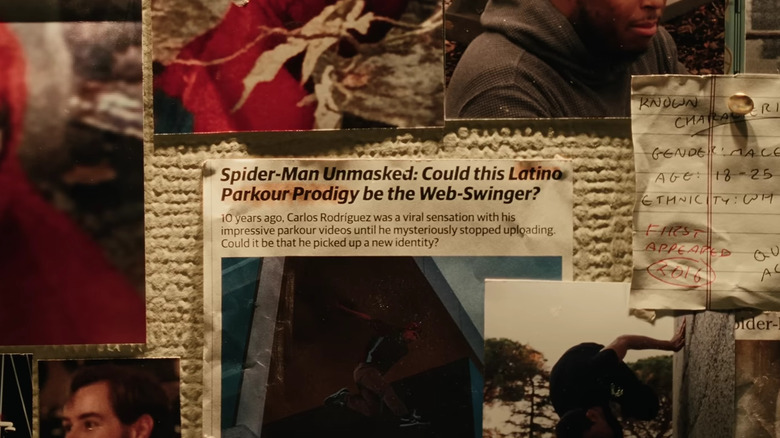 Evidence board with pictures of Spider-Man in Spider-Man: Brand New Day
