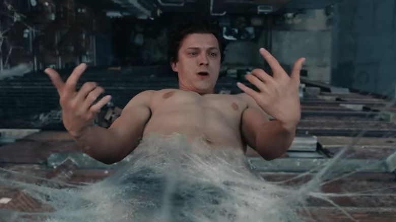 Peter Parker suspended in webbing in "Spider-Man: Brand New Day" (2026)