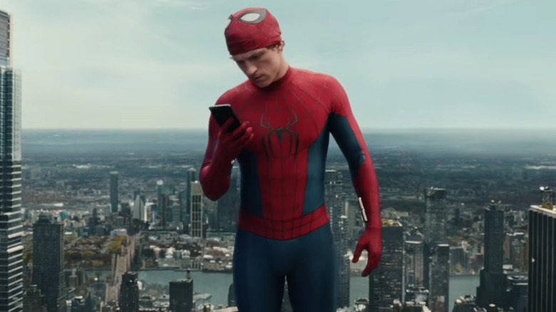 Spider-Man looking at his phone in "Spider-Man: Brand New Day" (2026)