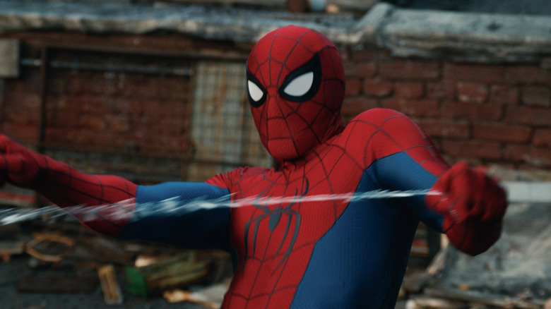 Spider-Man pulling on his webbing in "Spider-Man: Brand New Day" (2026)