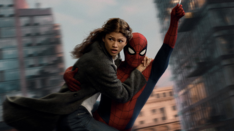 Spider-Man swinging through New York with MJ in "Spider-Man: Brand New Day" (2026)