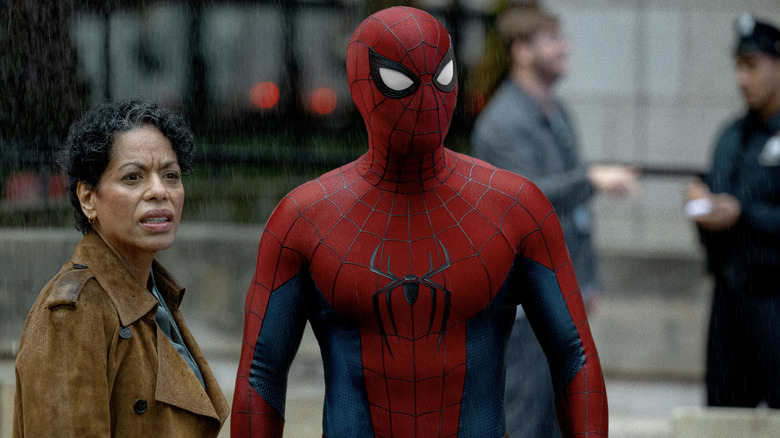 Spider-Man in the rain with Jean DeWolff in "Spider-Man: Brand New Day" (2026)