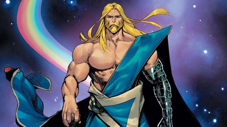 Thor in new costume standing  in front of space