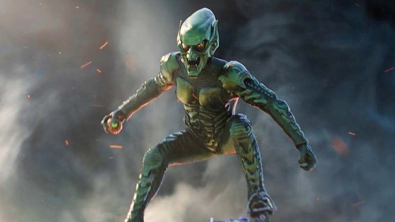 Green Goblin flying over wreckage