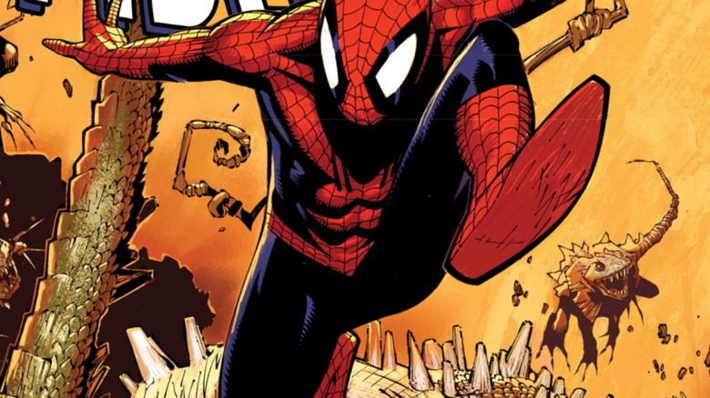 Spider-Man leaping over lizards