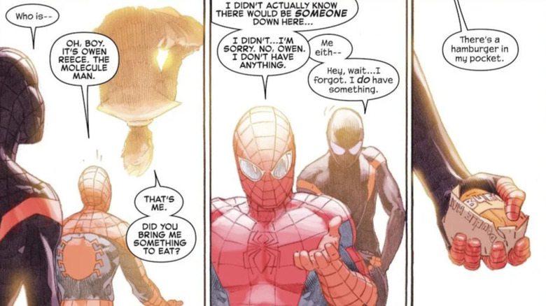 Miles Morales offers a hamburger