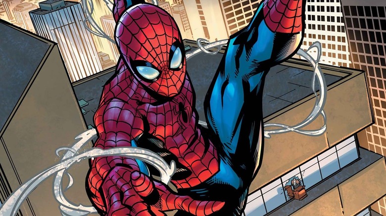 Spider-Man using his webs to swing through a city in the Marvel comics.