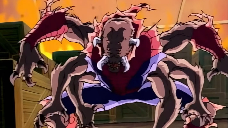 Man-Spider roaring in front of fire in Spider-Man: The Animated Series
