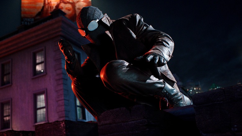 The Spider crouching on a rooftop in Spider-Noir