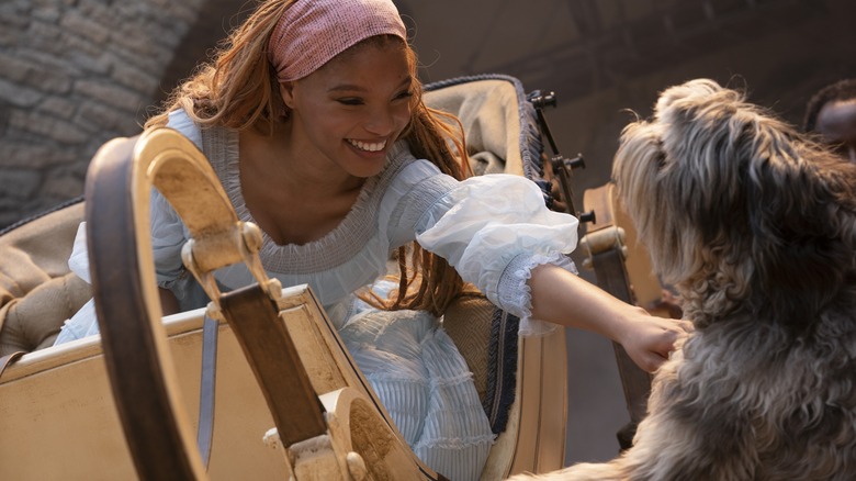 Ariel in her human form petting the dog Max