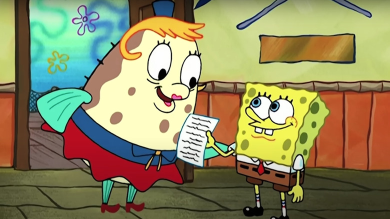 Spongebob handing Mrs. Puff his essay