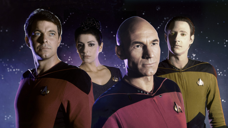 William Riker, Deanna Troi, Jean-Luc Picard, and Data