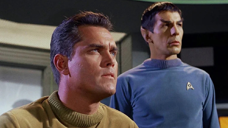 Captain Pike and Spock looking stern on Star Trek