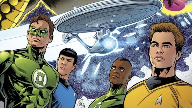 Hal Jordan and John Stewart stand with Kirk and Spock