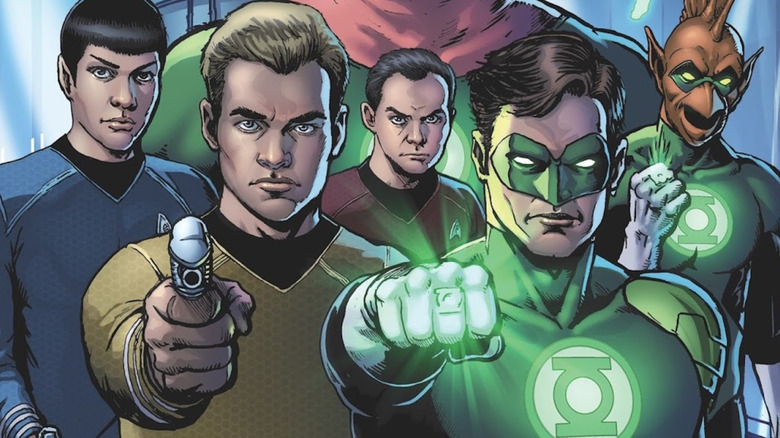 Hal Jordan and Tomar Re stand with Kirk, Spock, and Scotty