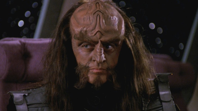 Gowron squints in Star Trek: The Next Generation