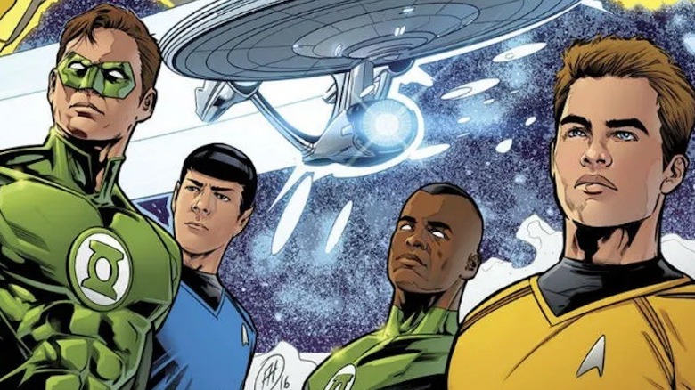 Hal Jordan and John Stewart stand with Kirk and Spock