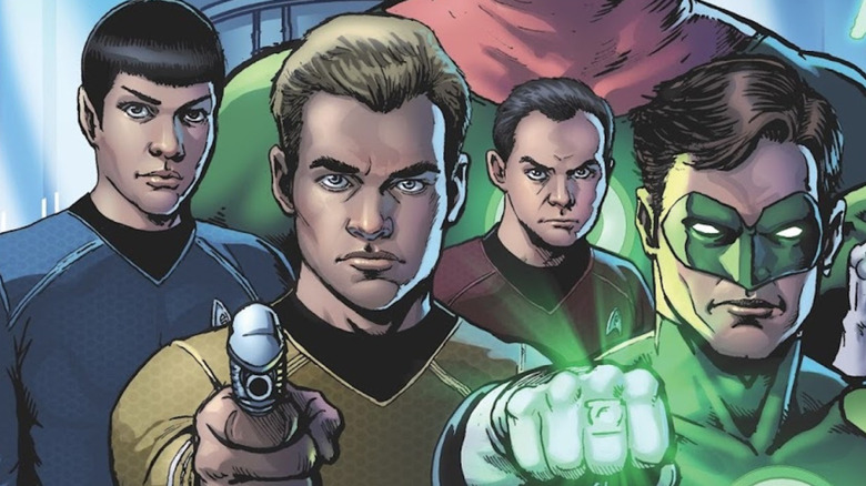 Hal Jordan stands with Kirk, Spock, and Scotty