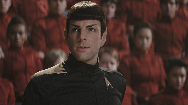 Kelvin timeline Spock talking to a crowd in Star Trek (2009)