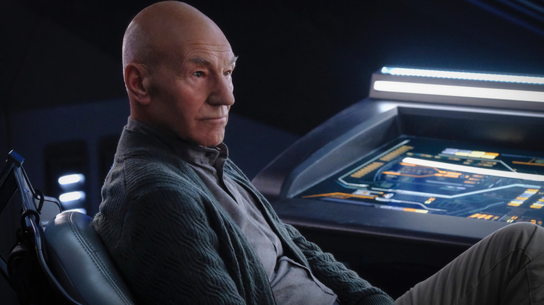 Patrick Stewart as an older Picard on the bridge