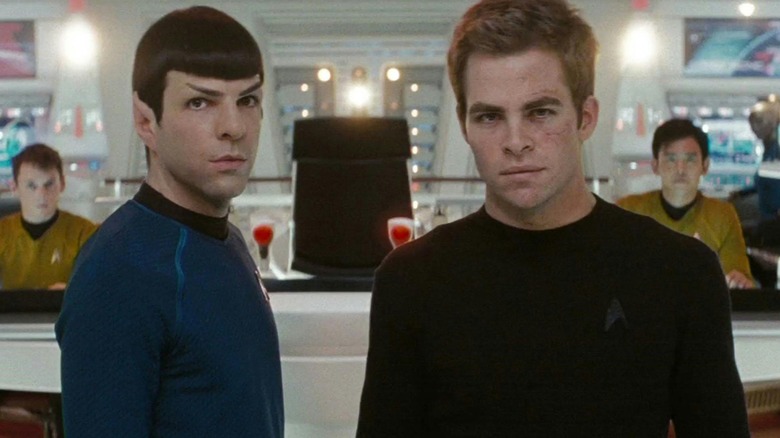 Spock and Kirk on the deck of the USS Enterprise in "Star Trek"