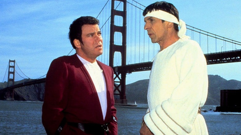Kirk and Spock in San Francisco in front of the Golden Gate Bridge in "Star Trek IV: The Voyage Home"