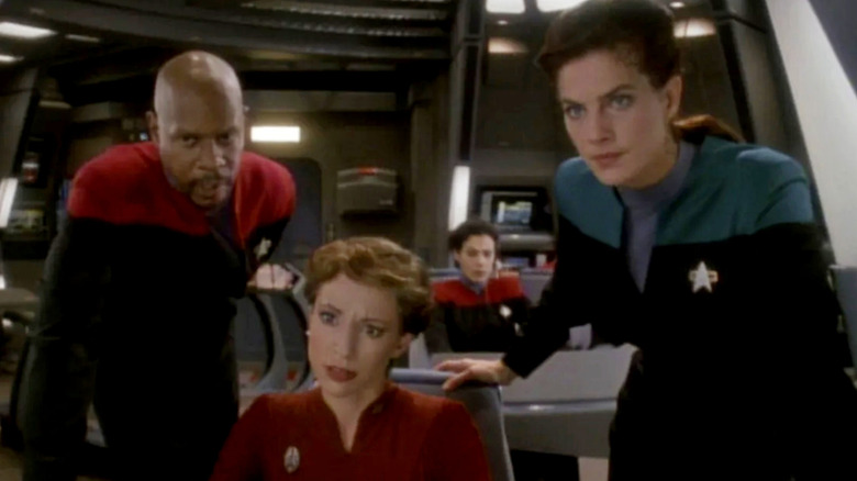 Sisko, Nerys, and Dax in the command center on "Star Trek: Deep Space Nine" (1993-1999)