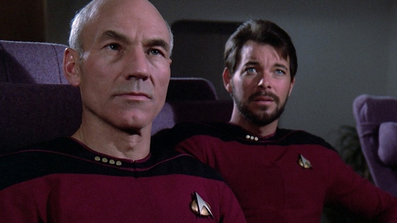 Captain Picard and Commander Riker in a meeting on "Star Trek: The Next Generation" (1987-1994)