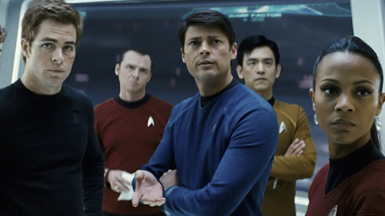 Kirk, Scotty, McCoy, Sulu, and Uhura in "Star Trek" (2009)