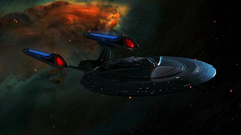 The Enterprise-E flying in space in "Star Trek: First Contact"