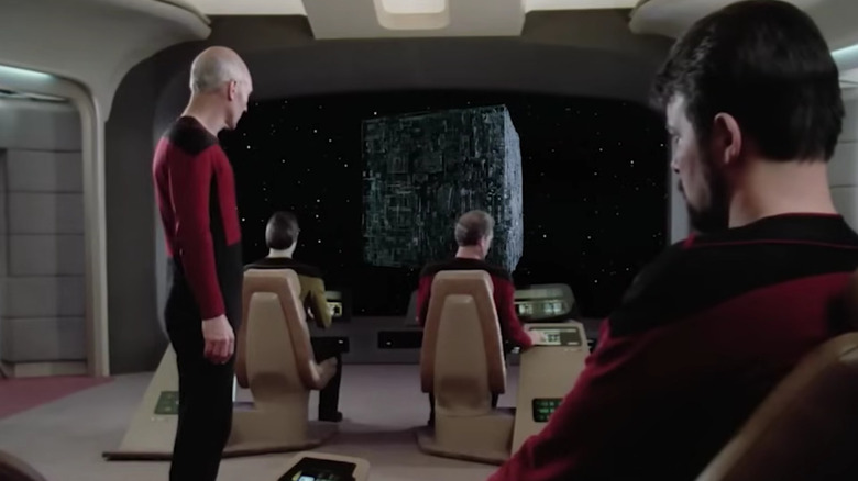 Picard and Riker looking at a Borg cube on "Star Trek: The Next Generation"