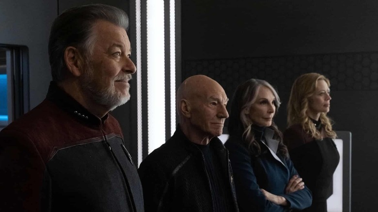 Riker, Picard, Crusher, and Seven of Nine standing together in Star Trek: Picard (2020)