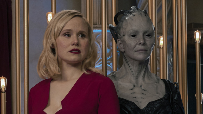 Agnes Jurati and the Borg Queen stand together onstage in "Two of One" (2022)