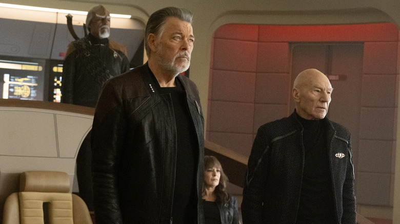 Worf, Riker, Troi, and Picard on the Enterprise-D bridge