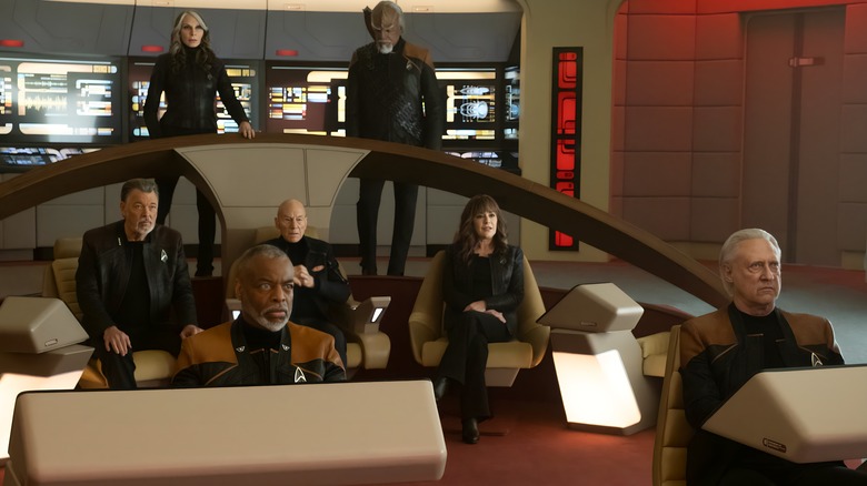 The Enterprise crew gathered on the Enterprise bridge