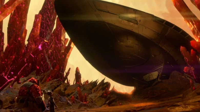 USS Protostar among red crystals on Star Trek: Prodigy