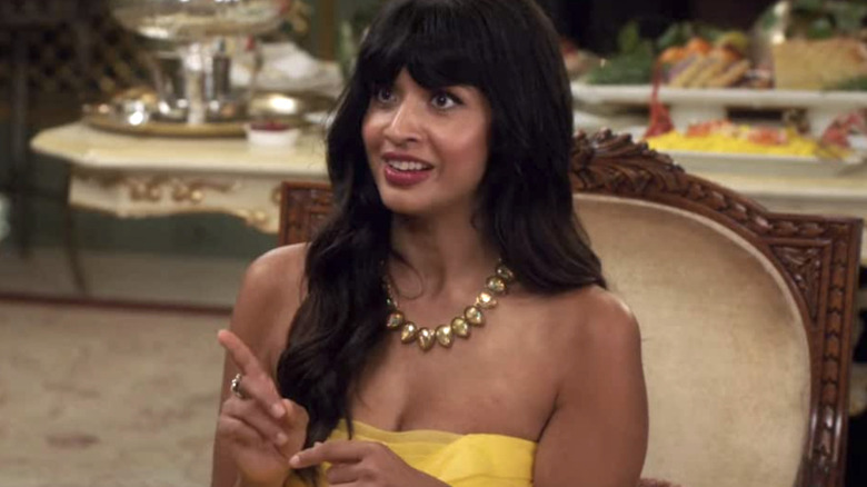 Jameela Jamil wearing yellow dress The Good Place