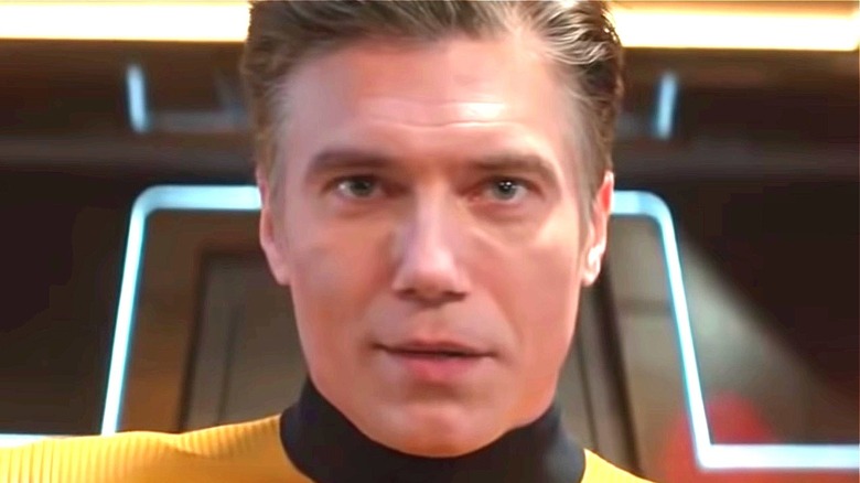 Anson Mount gives a steely gaze as Captain Christopher Pike in Star Trek