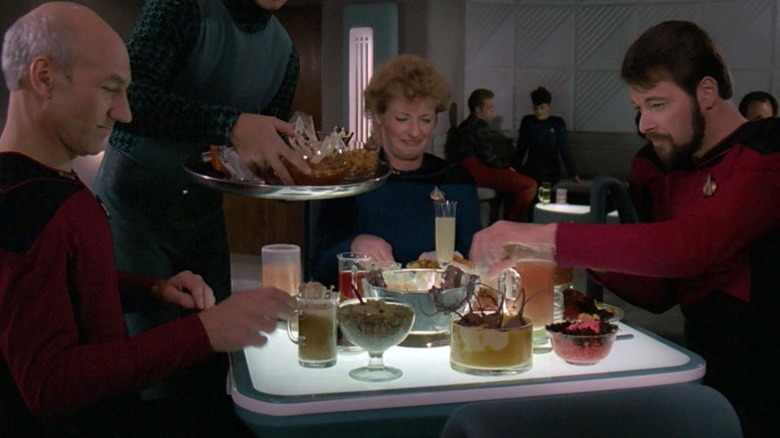 Picard, Riker, and Pulaski eating