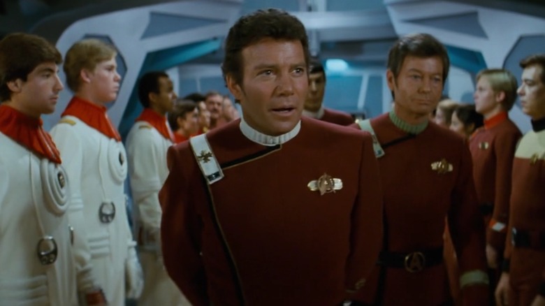 Admiral Kirk walking among enlisted personnel in Star Trek II: The Wrath of Khan